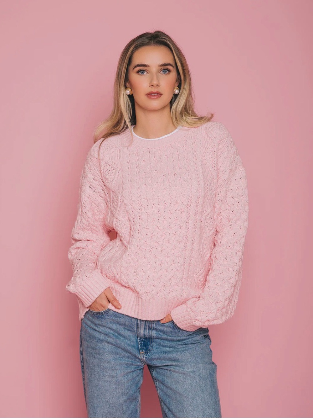 BNWT Brunette The Label Pink Cable-Knit Crew Sweater